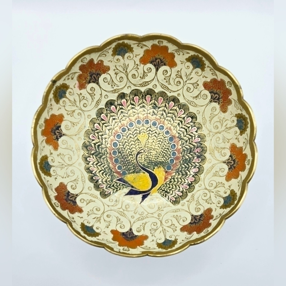 Vintage Peacock Enamel Brass Bowl Indian Floral Scalloped Boho Decor